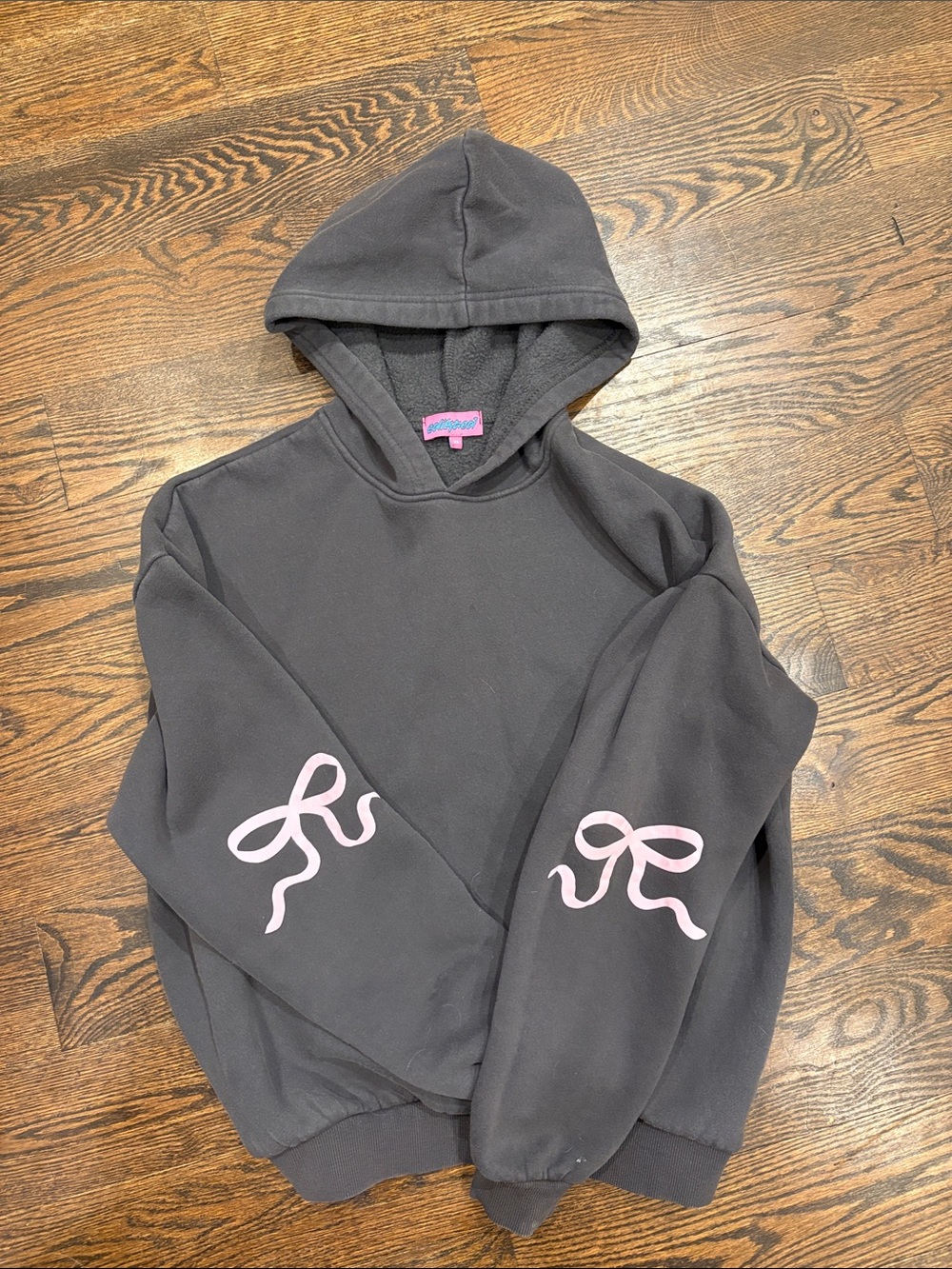 Edikted Black Hoodie with Pink Bow Sleeve Graphics